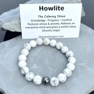 10mm Howlite Beaded Bracelet with Hematite Accent Bead