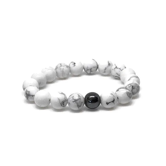 10mm Howlite Beaded Bracelet with Hematite Accent Bead