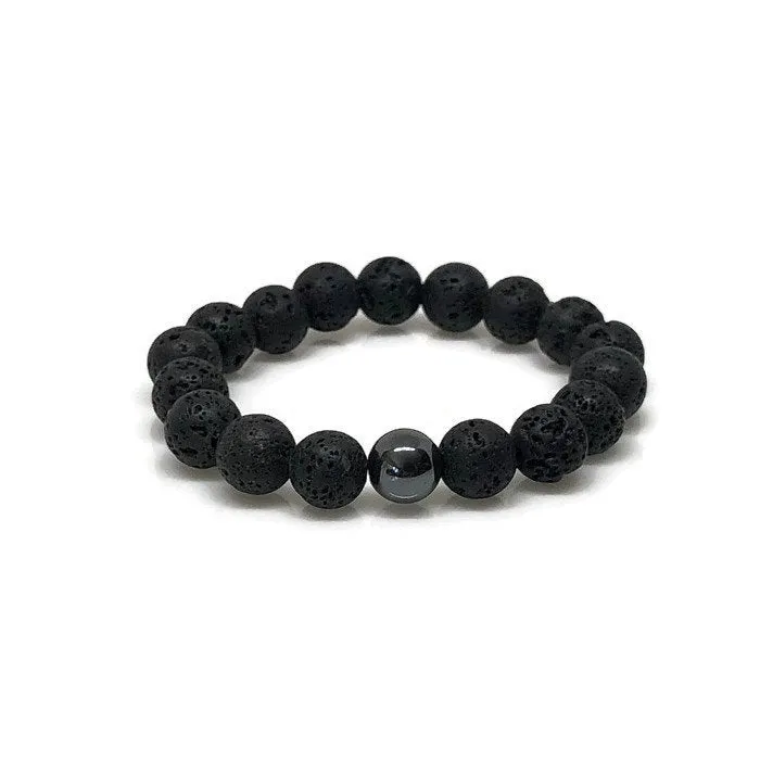 10mm Lava Rock Beaded Bracelet with Hematite Accent Bead