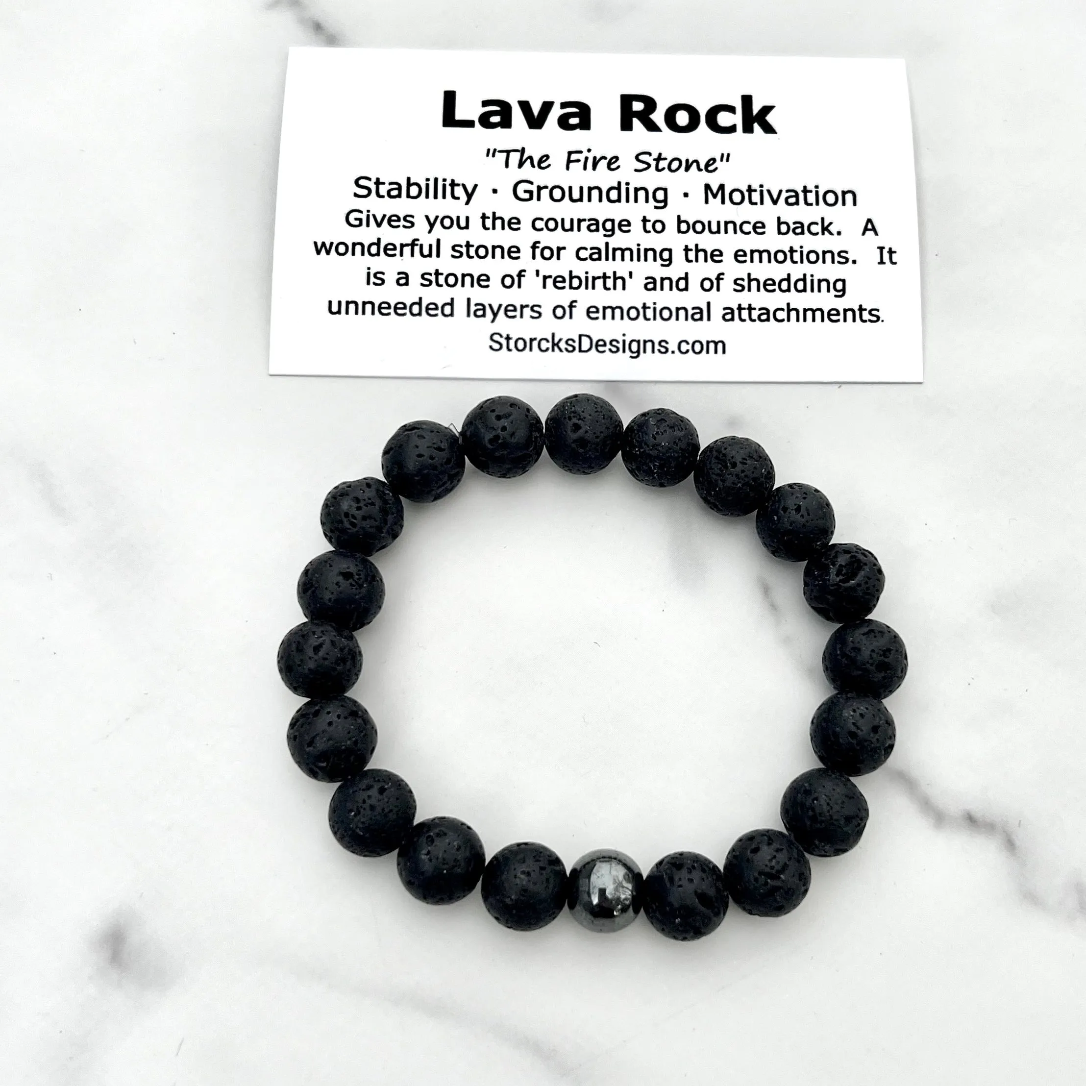 10mm Lava Rock Beaded Bracelet with Hematite Accent Bead