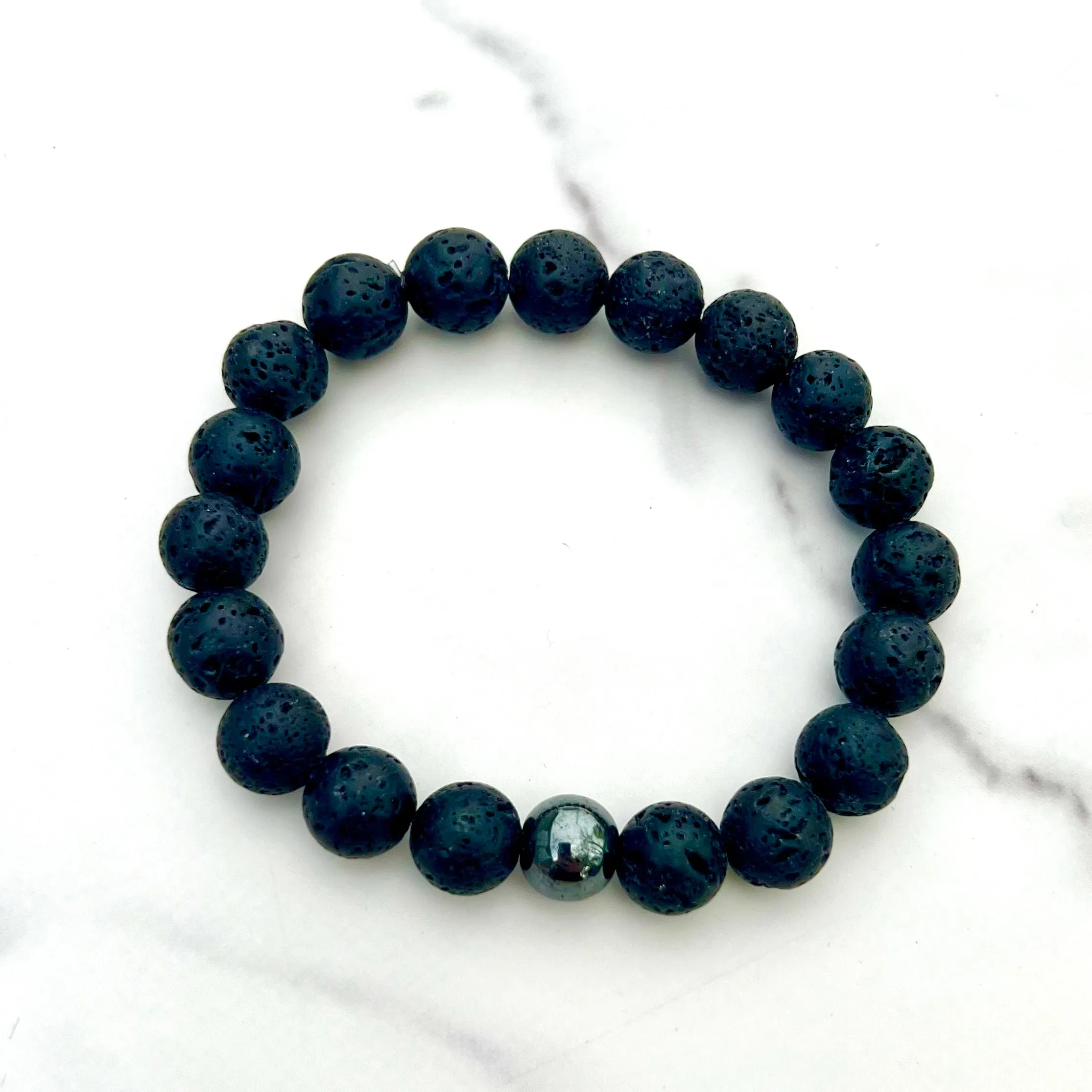 10mm Lava Rock Beaded Bracelet with Hematite Accent Bead