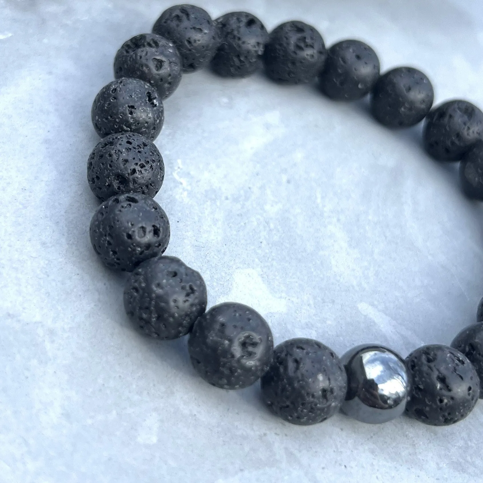 10mm Lava Rock Beaded Bracelet with Hematite Accent Bead