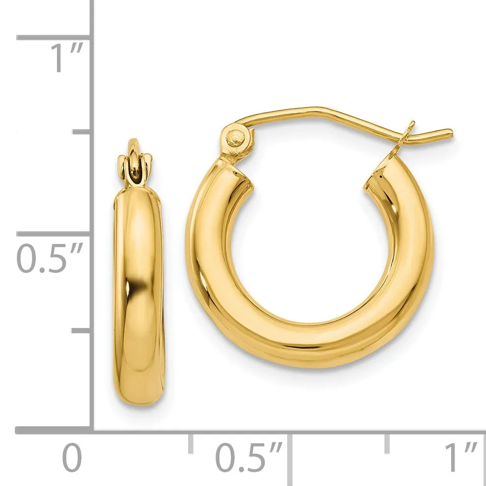 14k Yellow Gold Polished 3MM Round Hoop Earrings