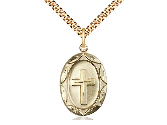 14kt Gold Filled Cross Pendant on a 24 inch Gold Plate Heavy Curb Chain