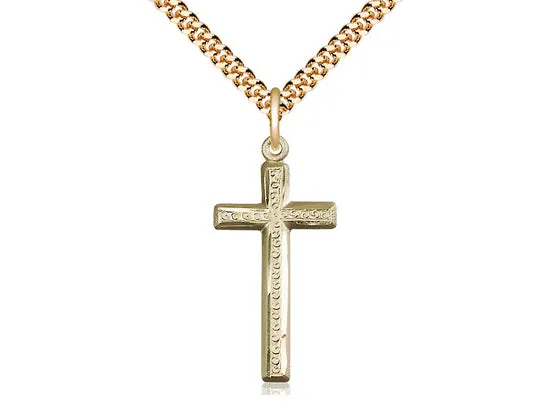 14kt Gold Filled Cross Pendant on a 24 inch Gold Plate Heavy Curb Chain