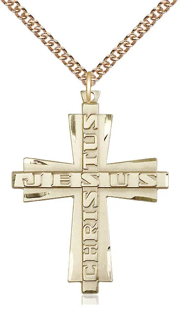 14kt Gold Filled Jesus Christus Cross Pendant on a Gold Plate Chain