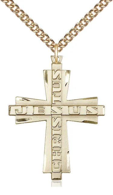 14kt Gold Filled Jesus Christus Cross Pendant on a Gold Plate Chain