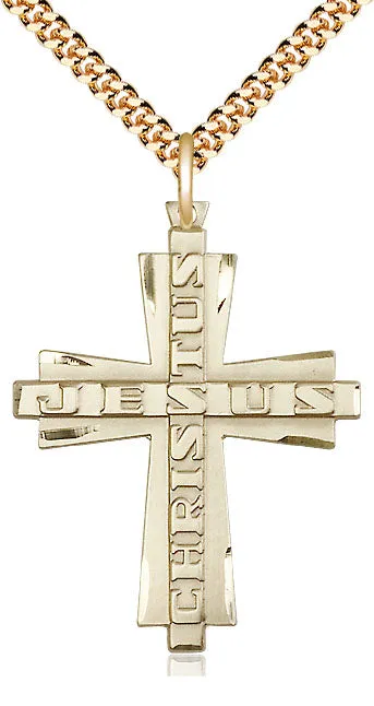 14kt Gold Filled Jesus Christus Cross Pendant on a Gold Plate Chain