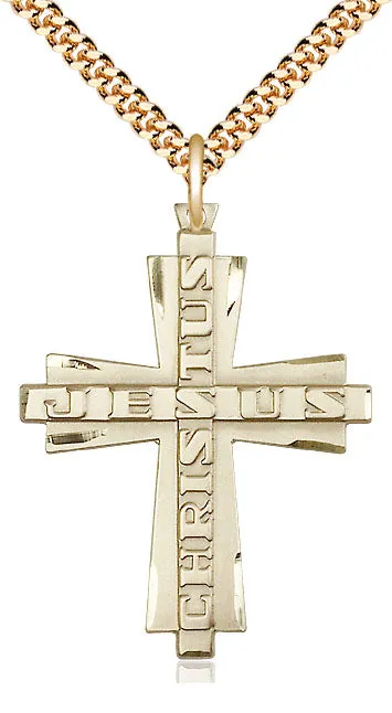 14kt Gold Filled Jesus Christus Cross Pendant on a Gold Plate Chain