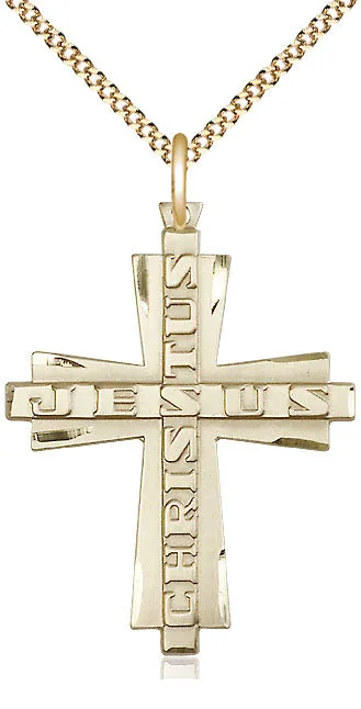 14kt Gold Filled Jesus Christus Cross Pendant on a Gold Plate Chain