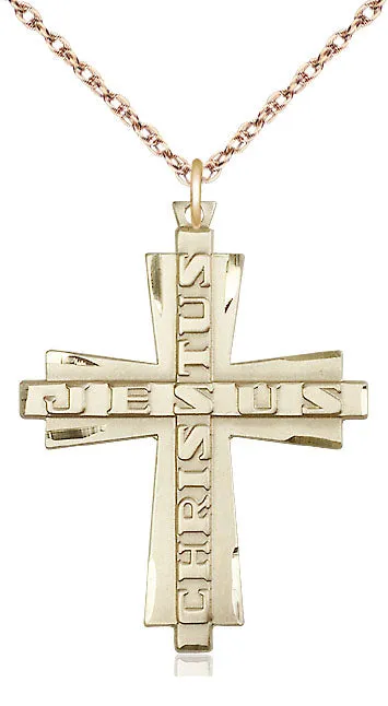 14kt Gold Filled Jesus Christus Cross Pendant on a Gold Plate Chain