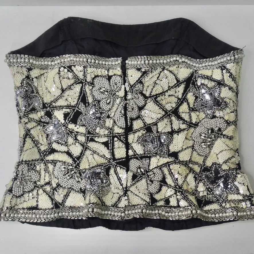 1980s Black Tie Beaded Sequin Bustier