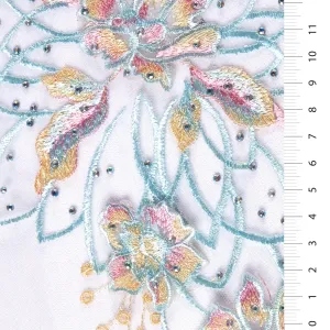 3D Multi Color Flower Design Beaded Thread Embroidery Mesh Fabric