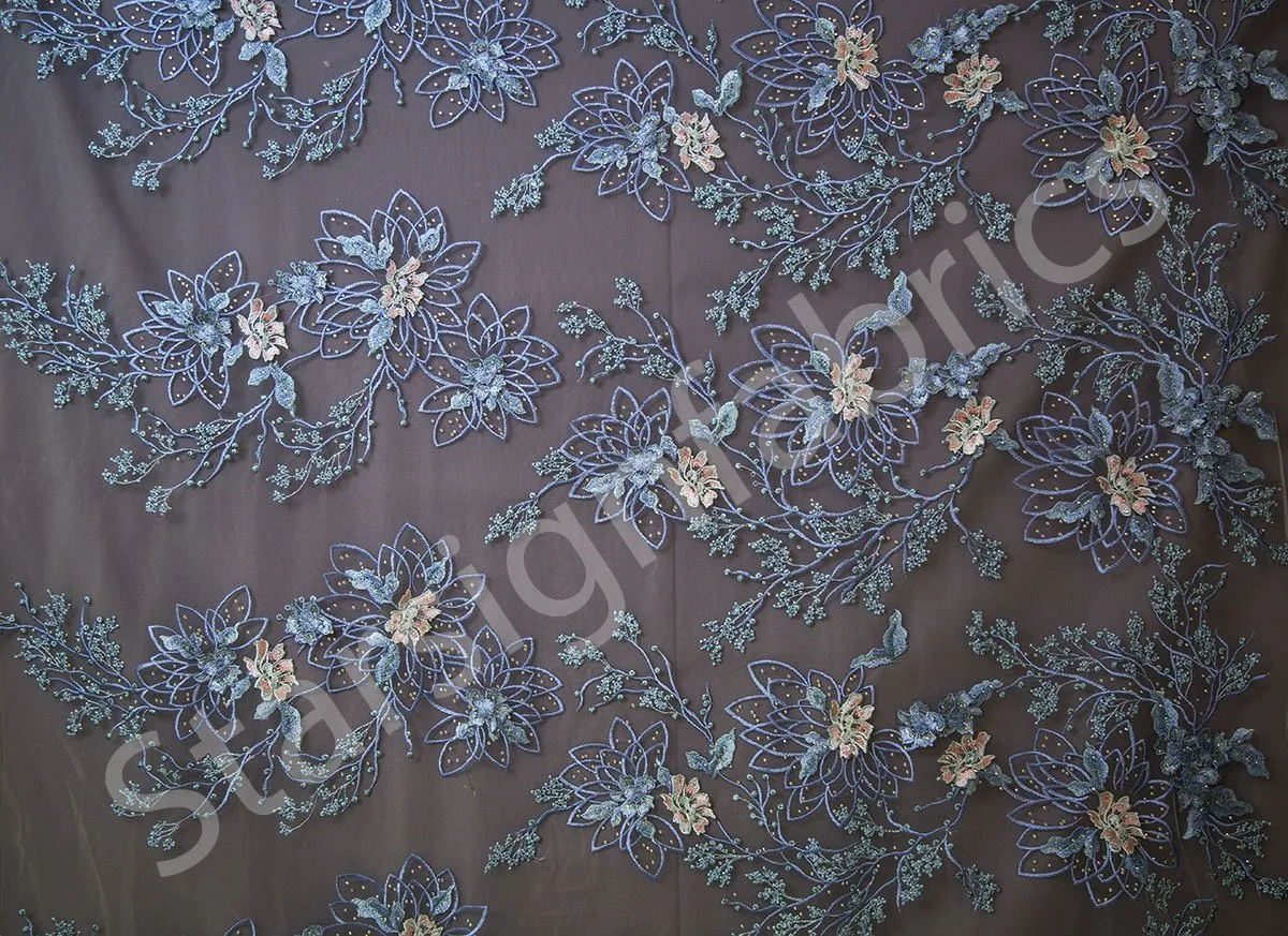 3D Multi Color Flower Design Beaded Thread Embroidery Mesh Fabric