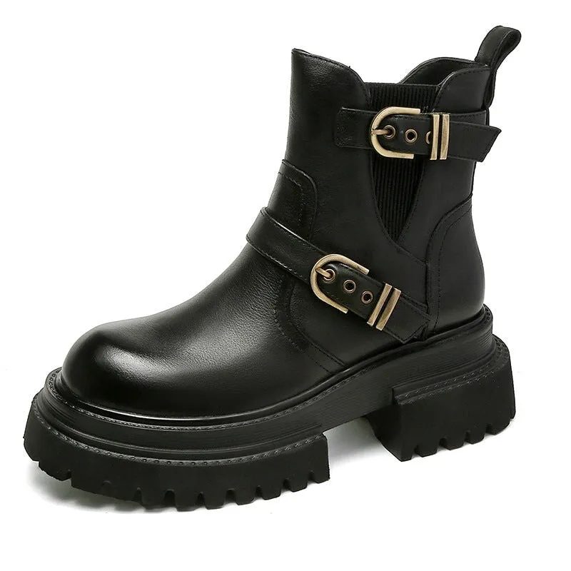 50mm Platform Boots Classic Women's Leather Chelsea Boots Double Buckle in Black