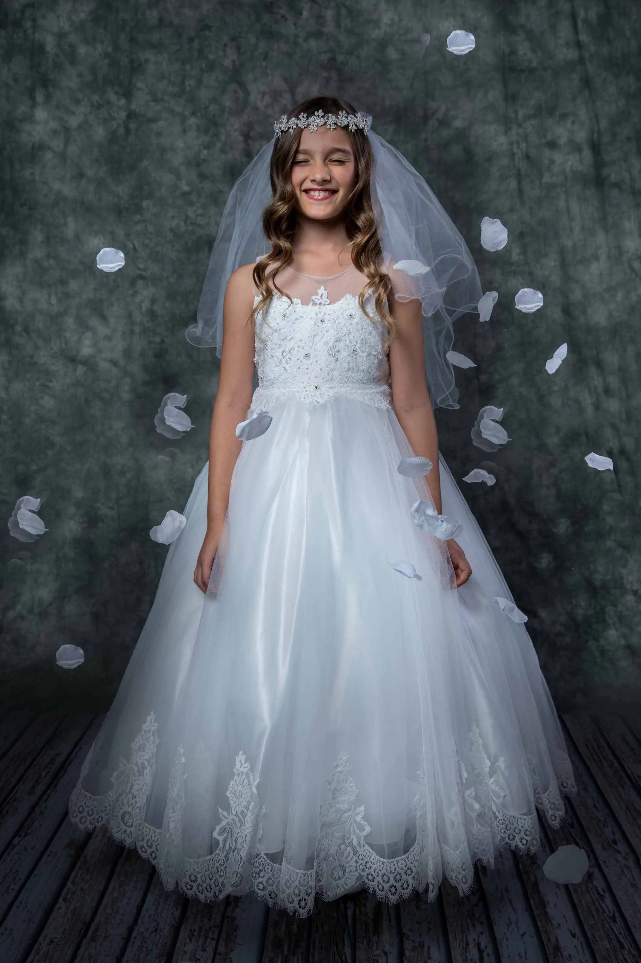 7007- Lace Applique Illusion Bateau Dress