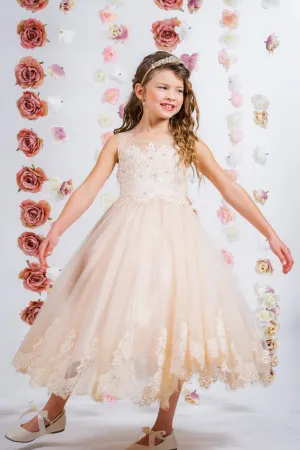 7007- Lace Applique Illusion Bateau Dress