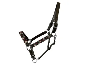 Adjustable Leather Halter with Beaded Overlay-burgundy, white, black, and silver