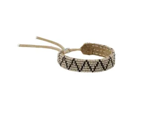 Adjustable Leather ZigZag Beaded. Bracelet (Taupe, Black)