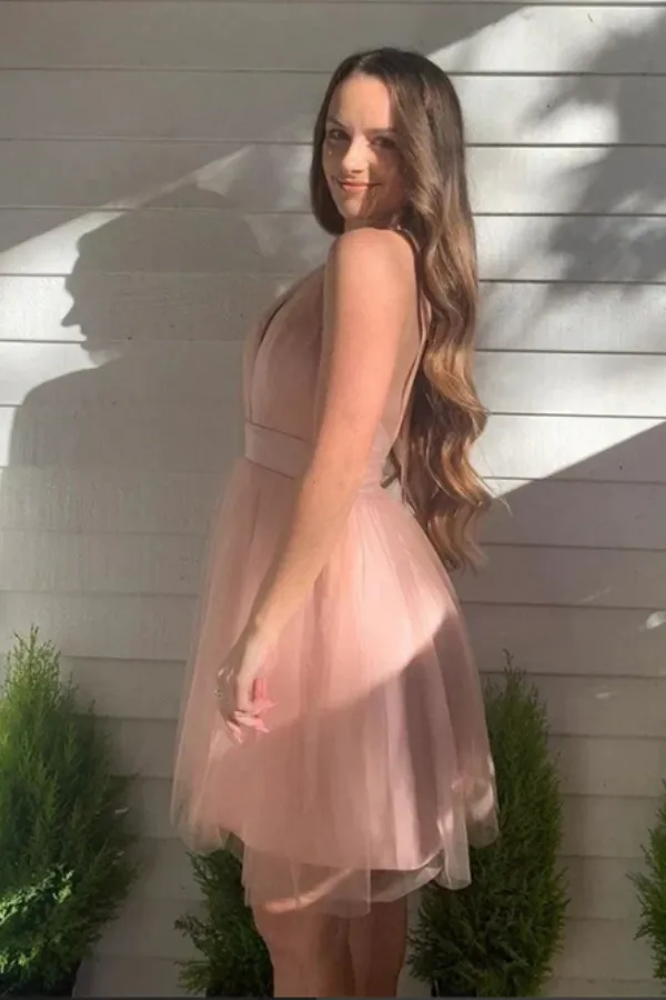 Anneprom Pink A line Tulle Halter Backless Homecoming Dresses, Short Prom Dresses APH0203