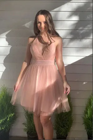 Anneprom Pink A line Tulle Halter Backless Homecoming Dresses, Short Prom Dresses APH0203