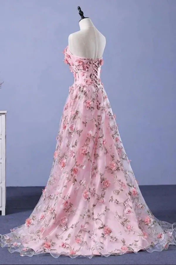 Anneprom Pink Flower Appliques Strapless A line Long Prom Dresses, Evening Gowns APP0689