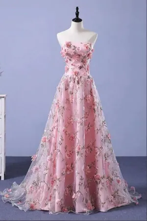 Anneprom Pink Flower Appliques Strapless A line Long Prom Dresses, Evening Gowns APP0689