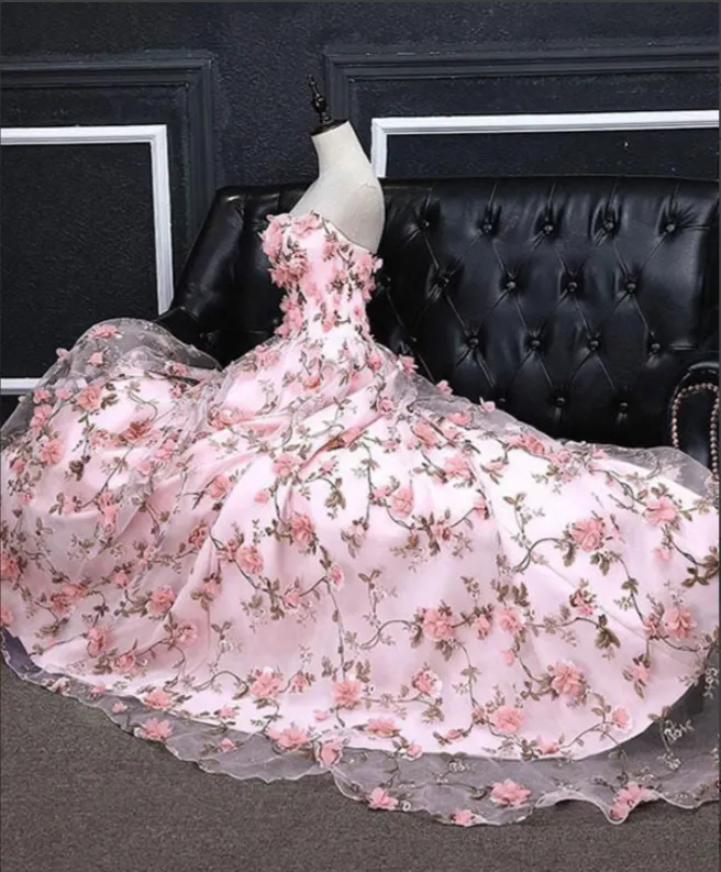 Anneprom Pink Flower Appliques Strapless A line Long Prom Dresses, Evening Gowns APP0689