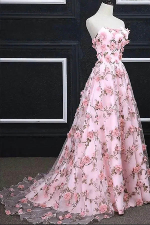 Anneprom Pink Flower Appliques Strapless A line Long Prom Dresses, Evening Gowns APP0689