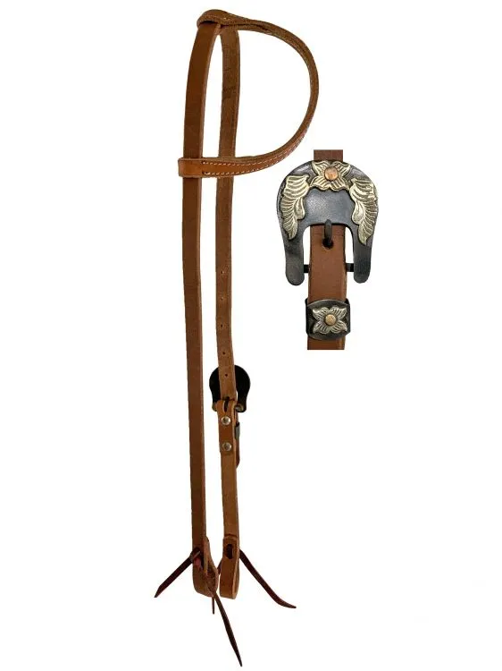 Argentina Cow Leather One Ear Headstall with Floral Overlayed Buckle