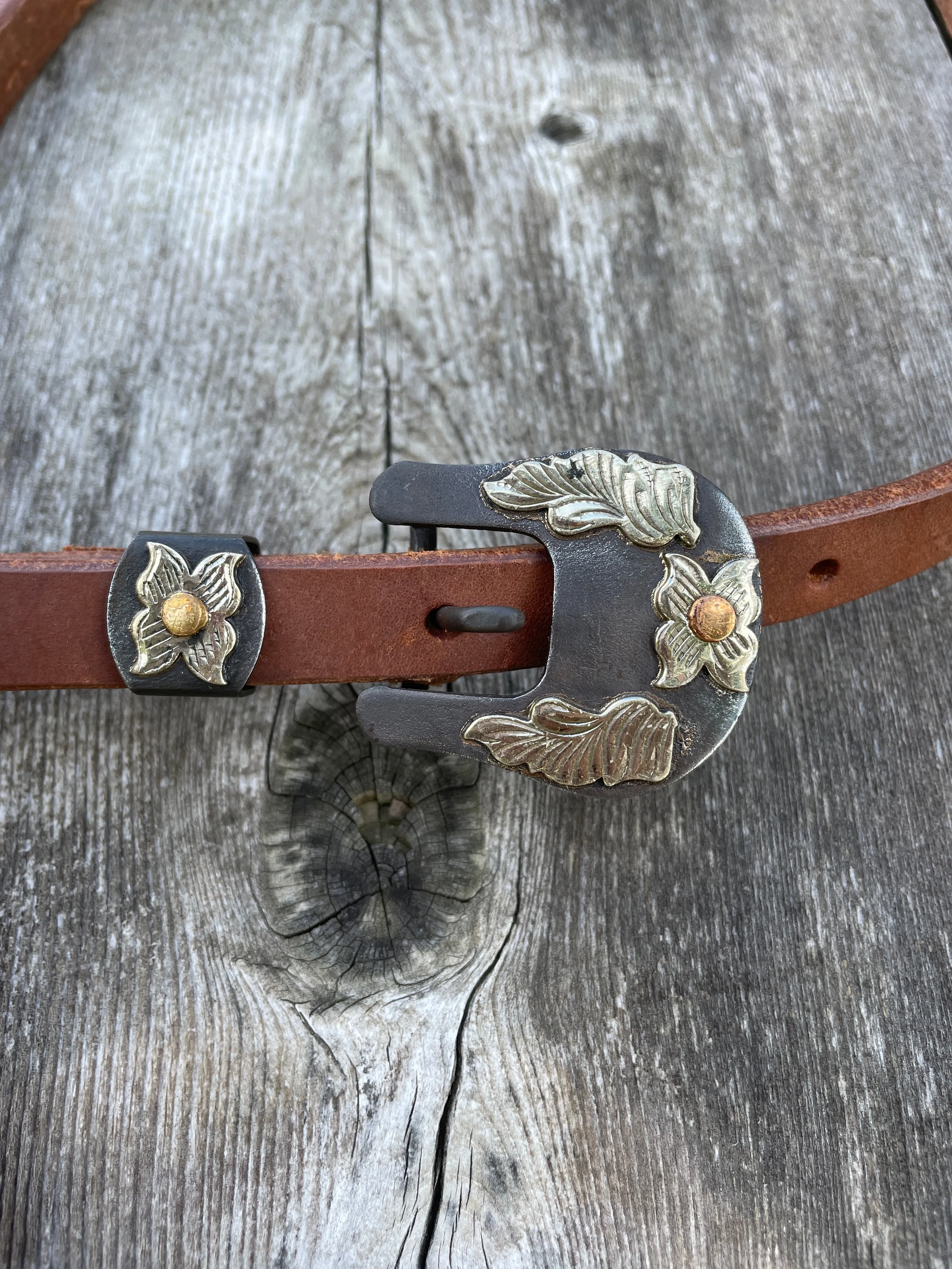 Argentina Cow Leather One Ear Headstall with Floral Overlayed Buckle