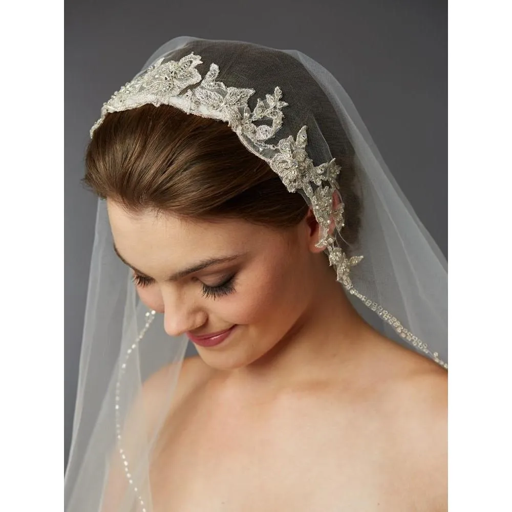 Beaded Fingertip Veil with Embroidered Lace