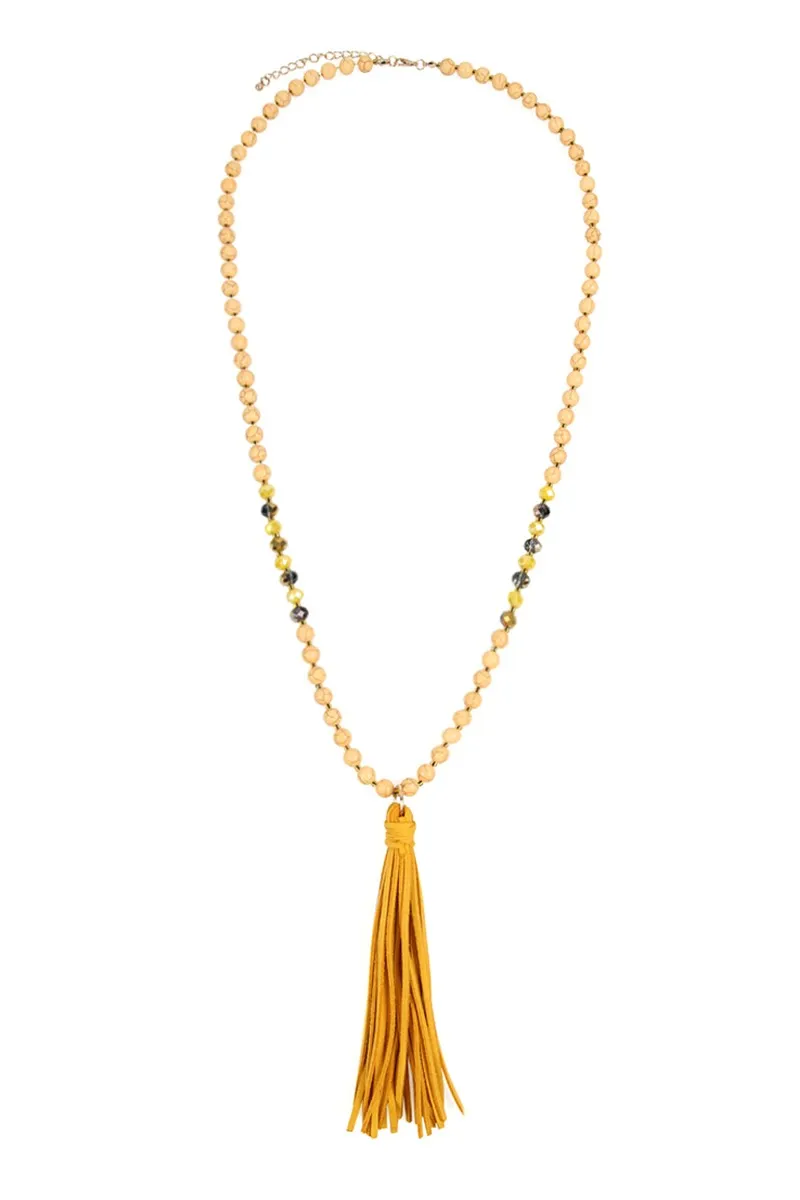 BEADED NECKLACE WITH LEATHER TASSEL