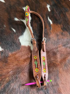 Beaded one ear harness leather headstall with beaded sunflower and cactus inlay.