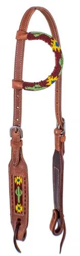 Beaded one ear harness leather headstall with beaded sunflower and cactus inlay.