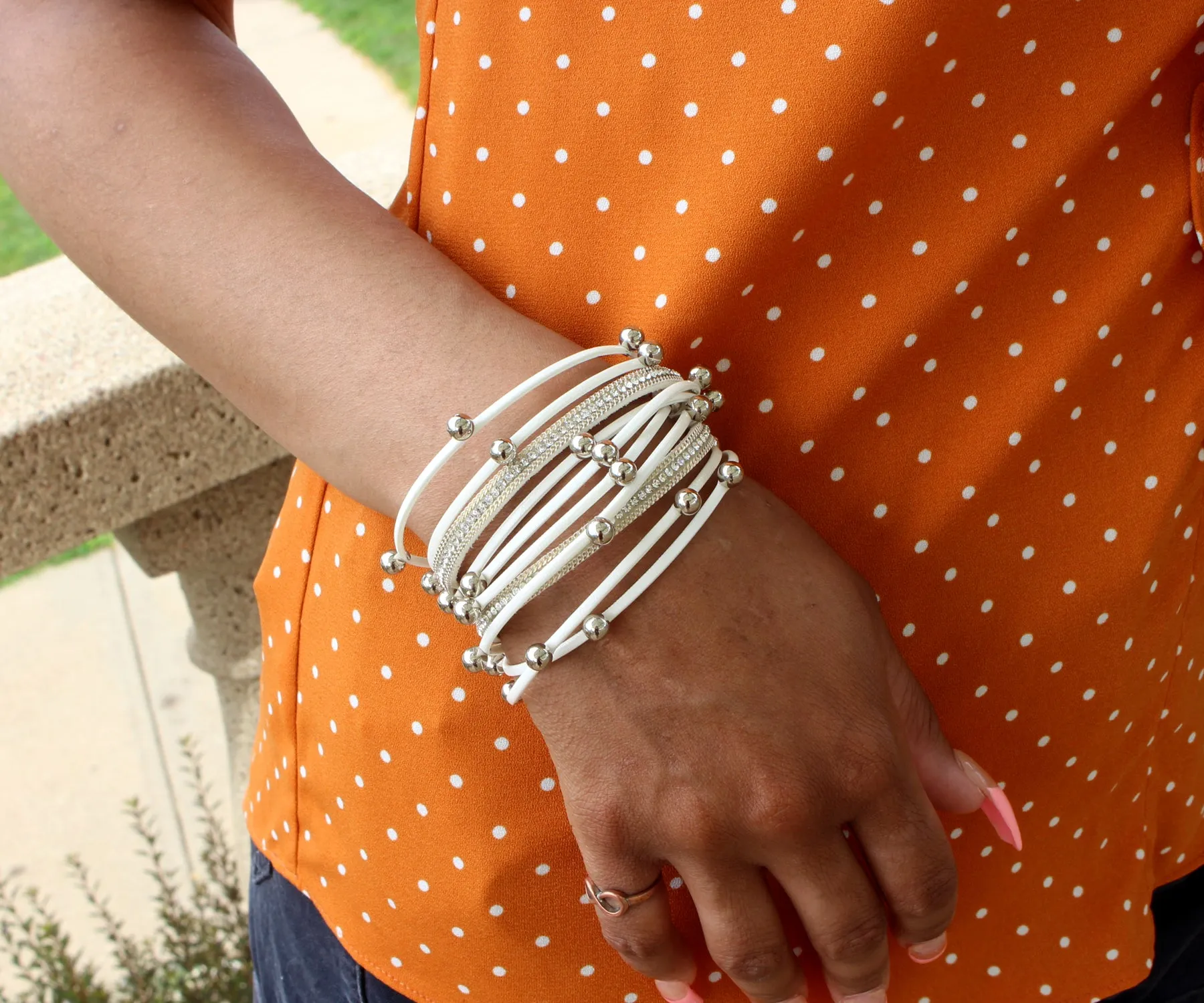 Beaded White Double Wrap Leather Bracelet