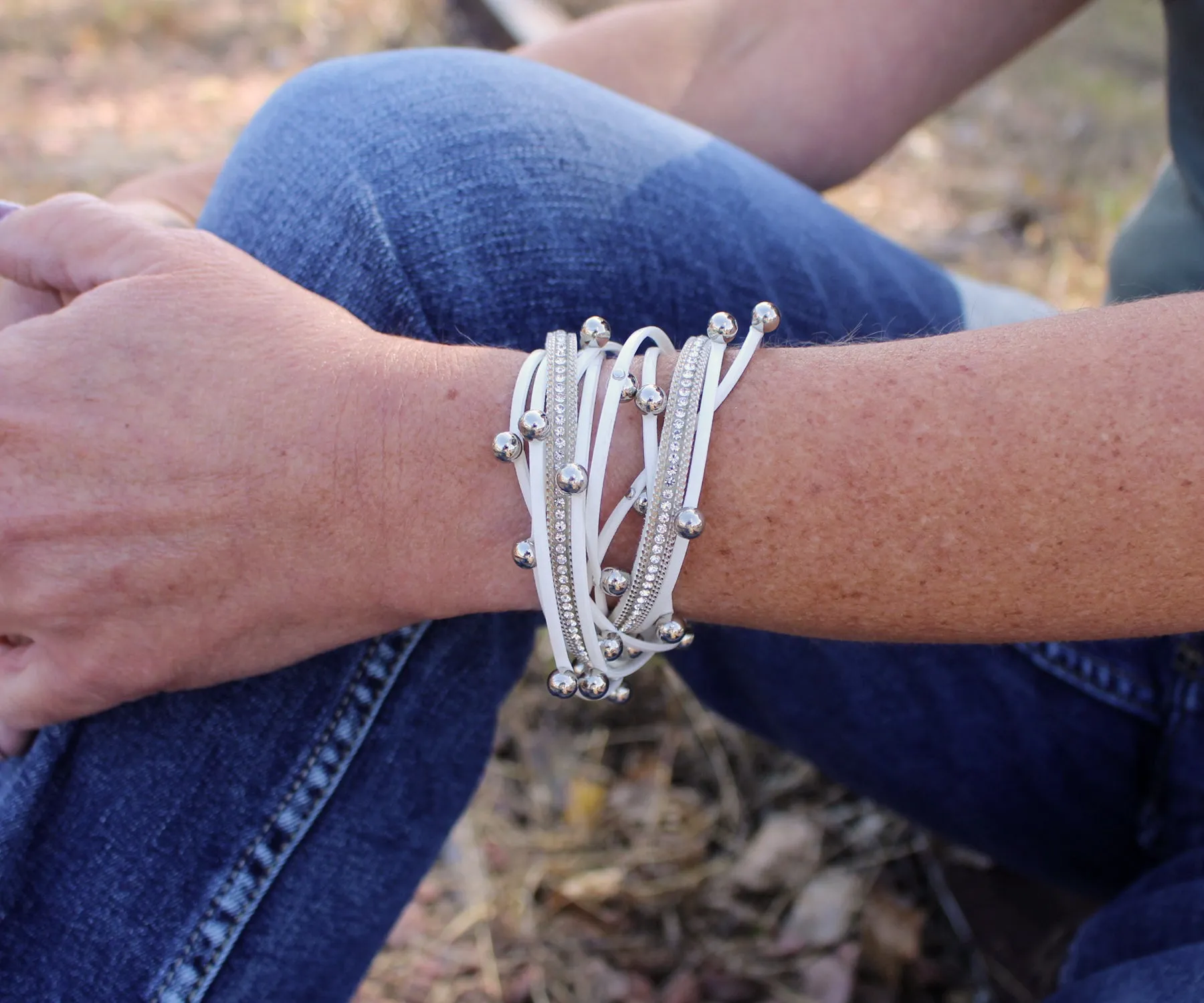 Beaded White Double Wrap Leather Bracelet