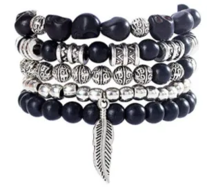Black Beaded 5 Piece Buddha and Feather Bracelet Set