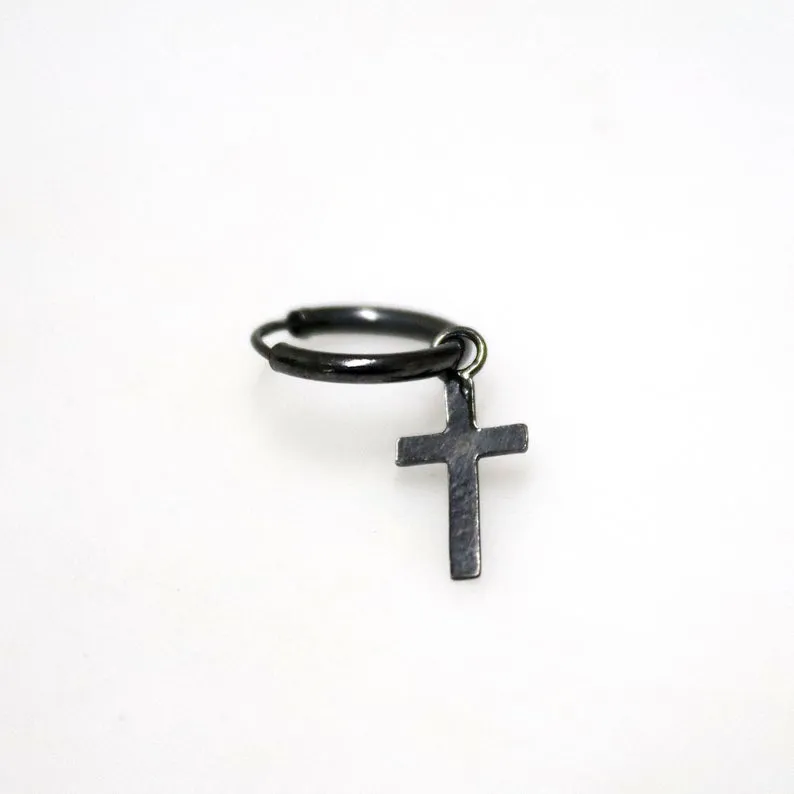 Black Cross Earring - Handmade Gothic Jewelry for men or women - Oxidized Sterling silver