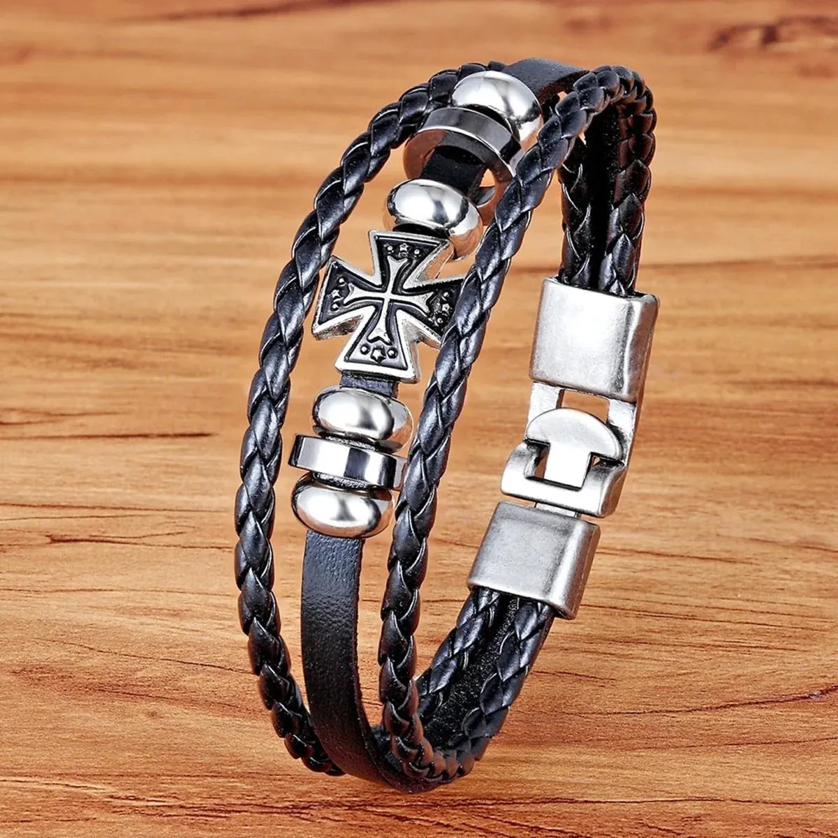Black Leather Multi-Strand Wrist Band Bracelet with Hamsa Peace Charm
