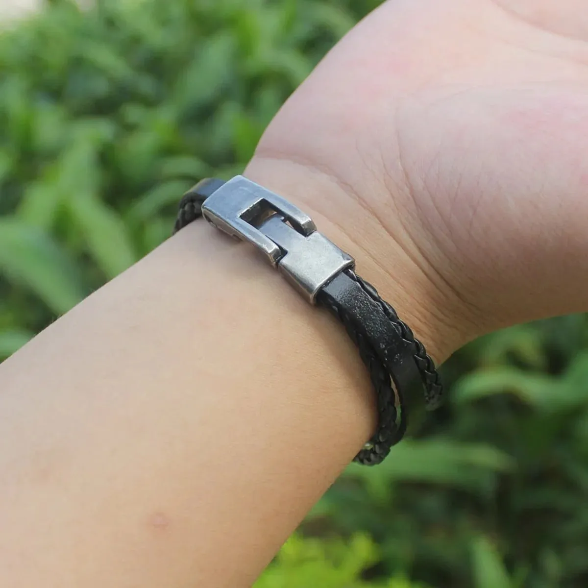 Black Leather Multi-Strand Wrist Band Bracelet with Hamsa Peace Charm