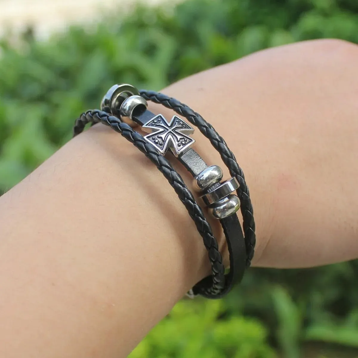Black Leather Multi-Strand Wrist Band Bracelet with Hamsa Peace Charm
