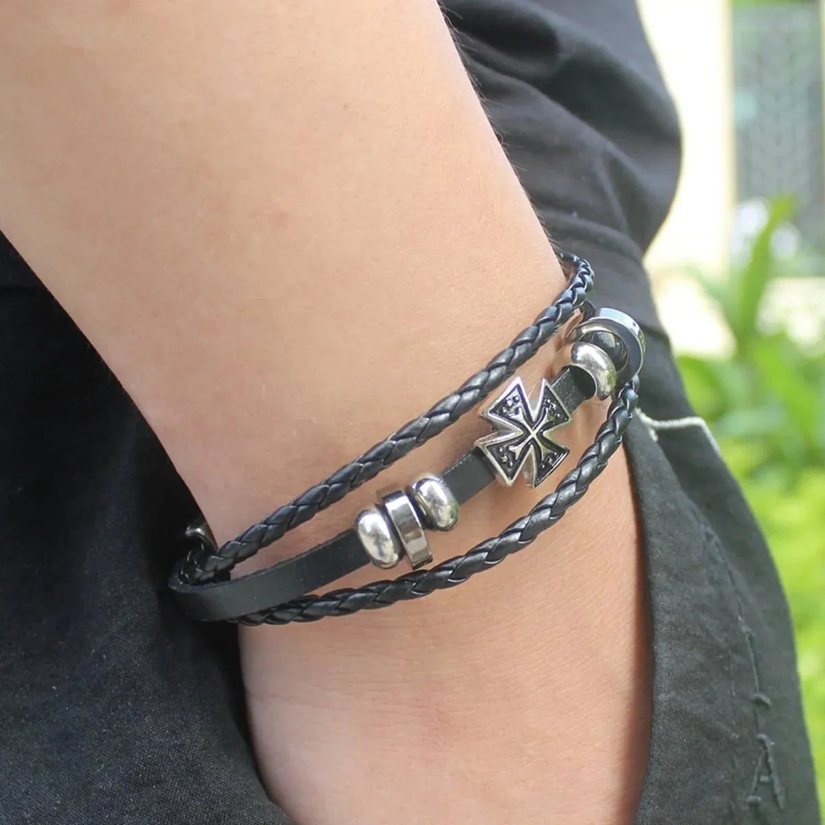 Black Leather Multi-Strand Wrist Band Bracelet with Hamsa Peace Charm