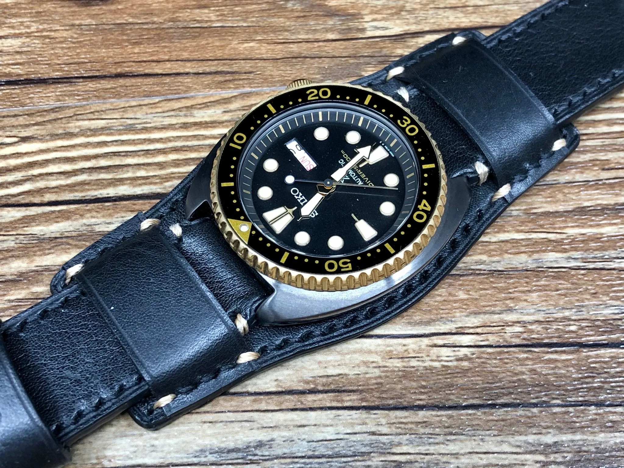 Black Leather Watch Straps, Leather Bund Straps 22mm, Genuine Leather Watch Band 22mm for Seiko Black Gold Prospex, Mens Wrist Watch Band Christmas Gift Ideas