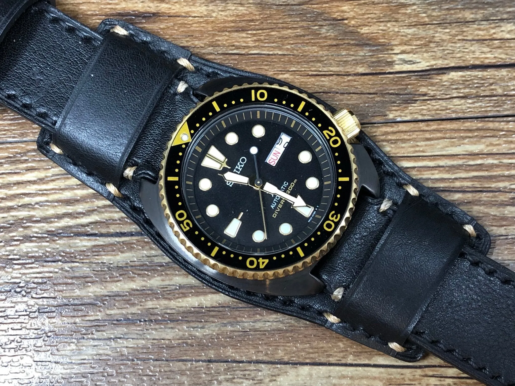 Black Leather Watch Straps, Leather Bund Straps 22mm, Genuine Leather Watch Band 22mm for Seiko Black Gold Prospex, Mens Wrist Watch Band Christmas Gift Ideas