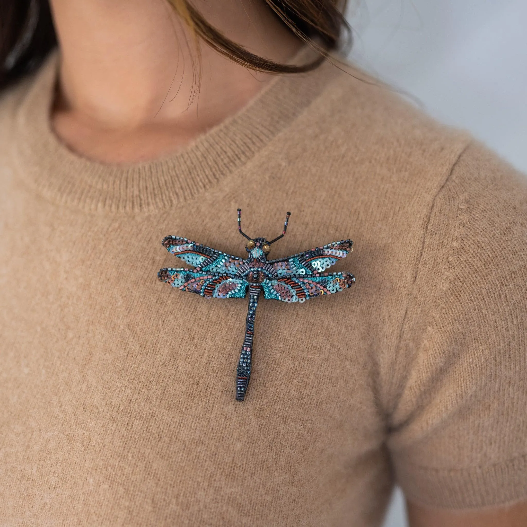 Blue Dragonfly Hand Embroidered Beaded Brooch