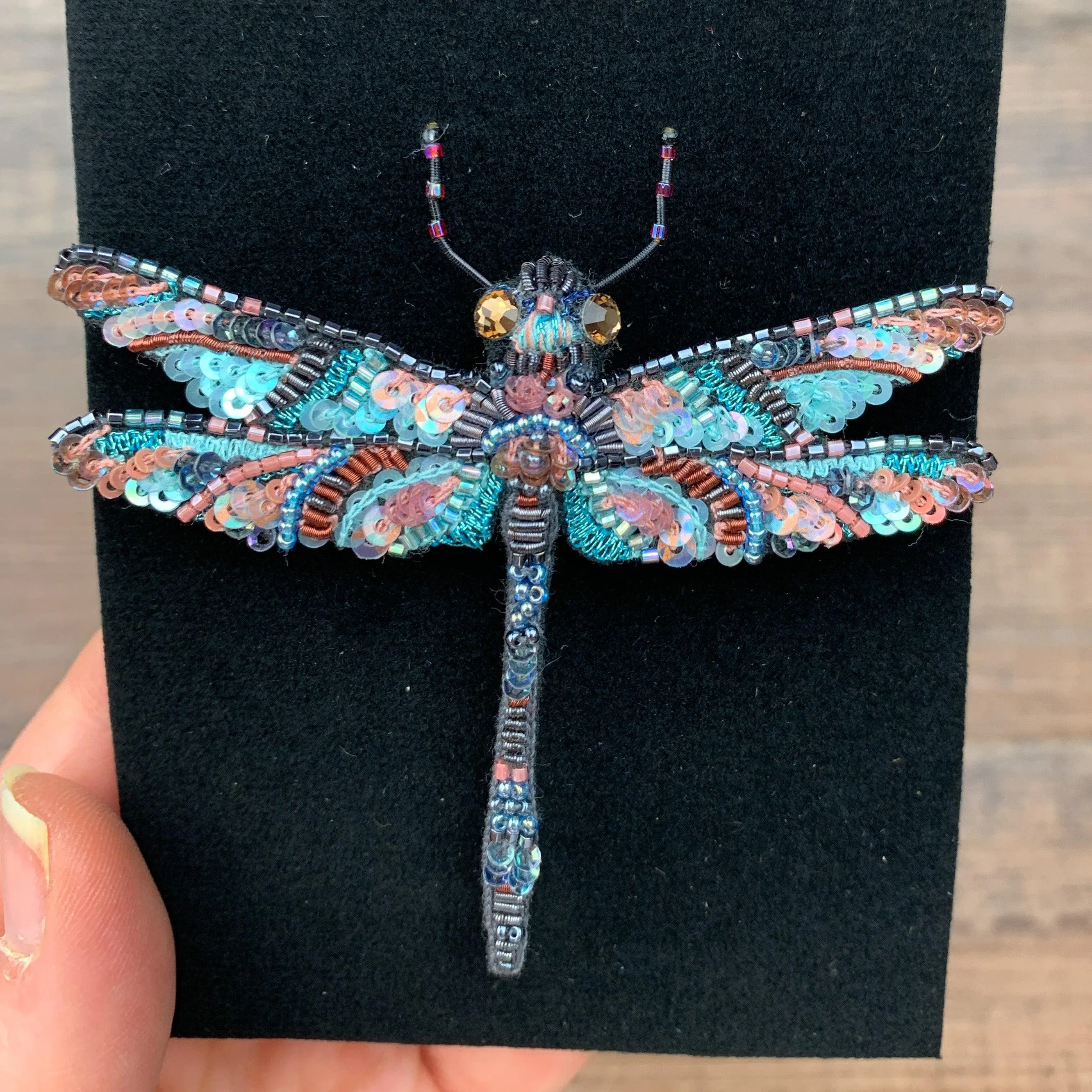 Blue Dragonfly Hand Embroidered Beaded Brooch