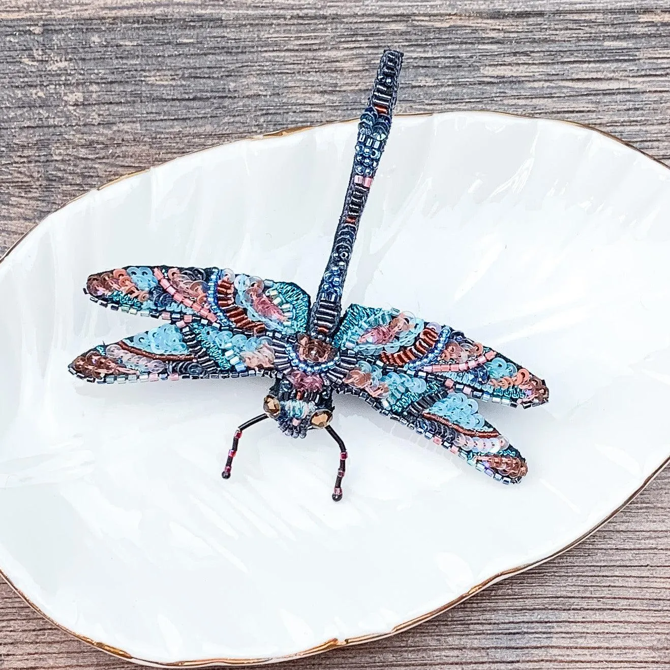 Blue Dragonfly Hand Embroidered Beaded Brooch