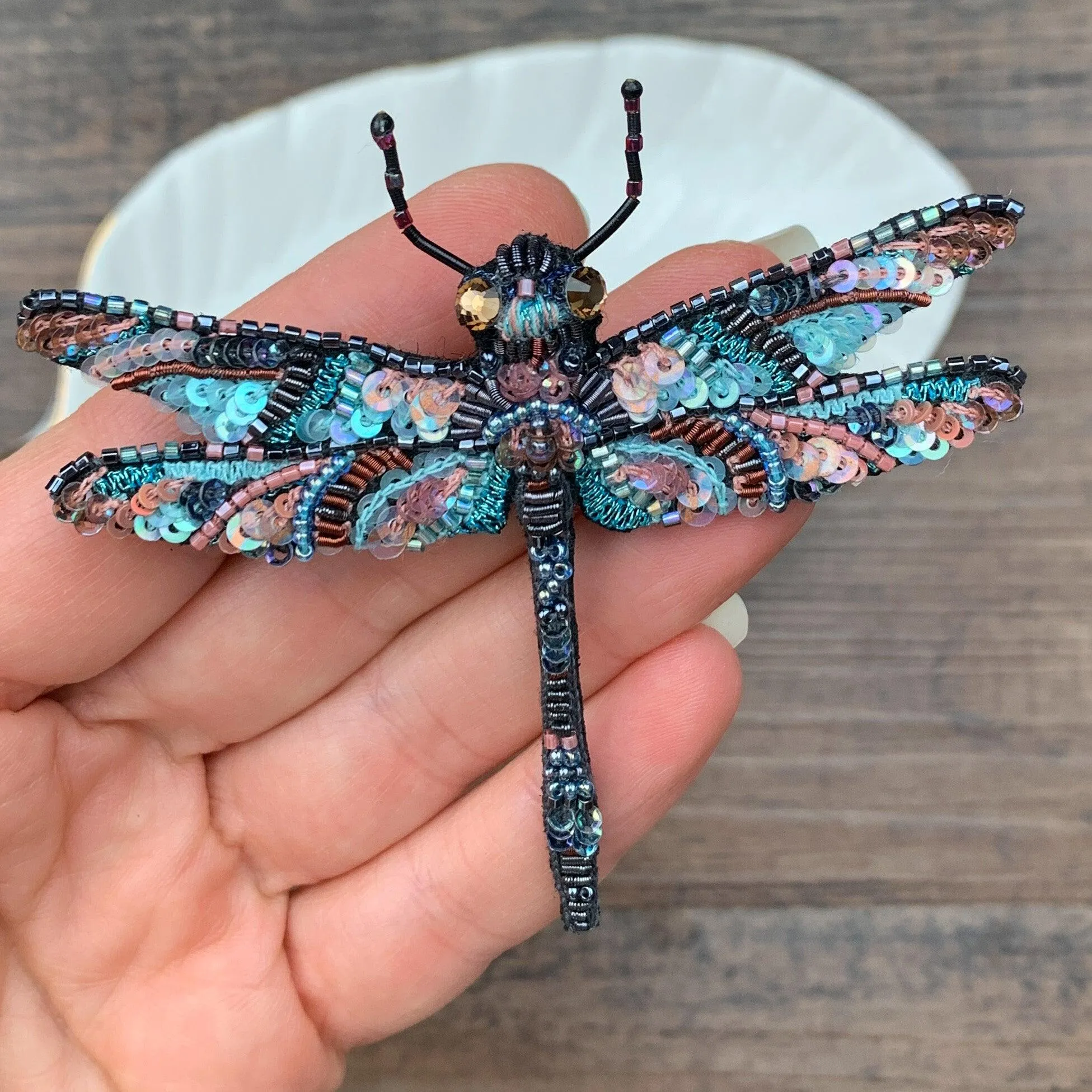 Blue Dragonfly Hand Embroidered Beaded Brooch