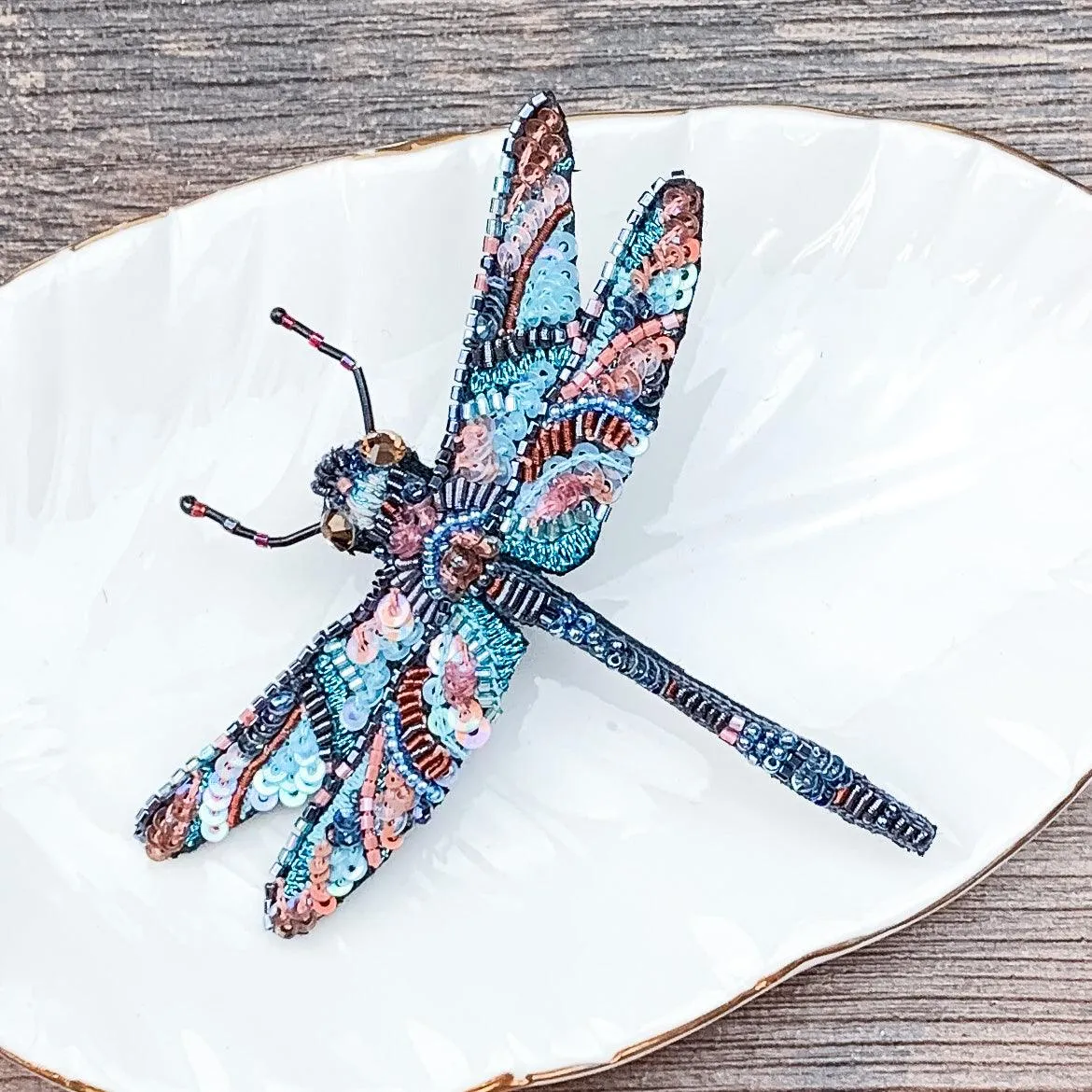 Blue Dragonfly Hand Embroidered Beaded Brooch